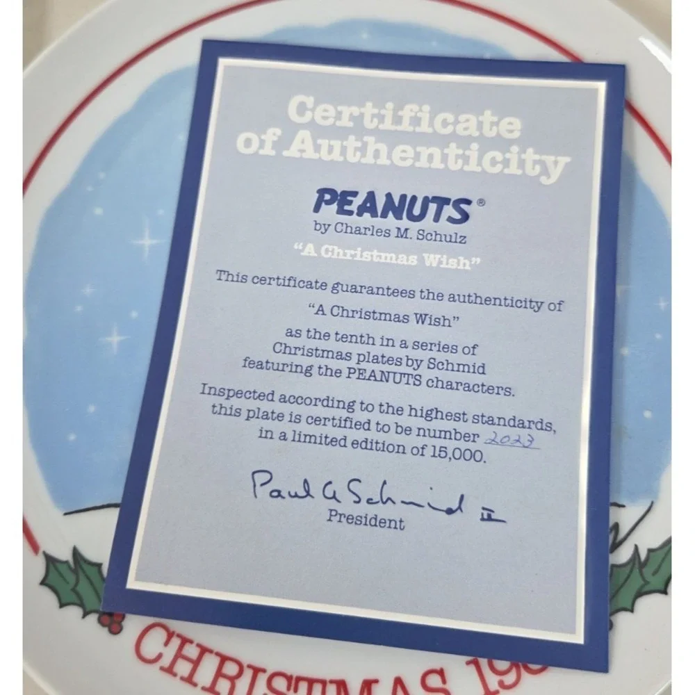 Schmid‎ Peanuts Snoopy Christmas 1981 Plate -Tenth Limited Edition Numbered